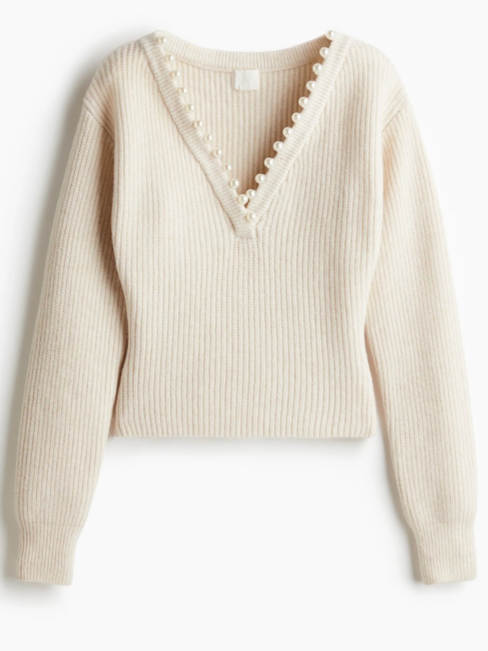Cream V-Neck Sweater with Pearl Detailing
